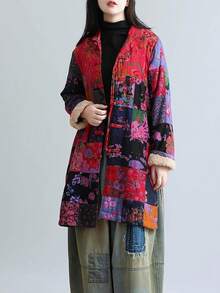 LUZU JUNU Women's Trench Coat Floral Print Long Cotton Linen Jacke Cottagecore Clothing Patchwork Outwear Bohemian Unique - 玫瑰夾克毛絨襯裡 - 查看 4