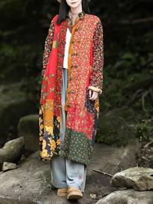 LUZU JUNU Women's Trench Coat Floral Print Long Cotton Linen Jacke Cottagecore Clothing Patchwork Outwear Bohemian Unique - 黃色毛絨襯裡 - 查看 7