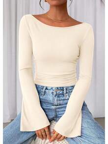 Womens Long Sleeve Shirts 2026 Spring Crop Going Out Tops Casual Boat Neck Sleeve Ribbed Ruched Y2K Clothes - 軍綠色 - 查看 6