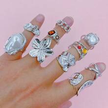 20pcs/Pack Luxury Faux Pearl Inlaid Alloy Women's Ring Set, Elegant Exaggerated Flower & Starfish Mixed Styles, Multi-Piece Open Adjustable Rings For Party, Wedding, Daily Wear, Fashion Jewelry Gift, Random Assortment