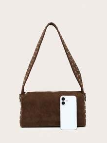 1 Túi vuông dung tích lớn dành cho nữ, vải da lộn, trang trí đinh tán, dây đeo bản rộng, thiết kế độc đáo, túi đeo vai/nách khi đi làm - màu nâu - Xem 3