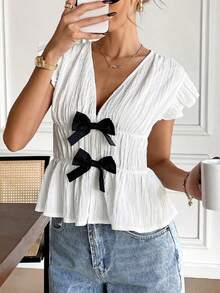 Women's Bow Detail Open Front Cardigan, Sweetheart Cover Up For Resort And Daily Wear - White - View 2