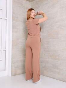 Women's Set Of Wide Leg Pants And Comfortable Sweatshirt Top, Summer - Desnudo - Ver 2