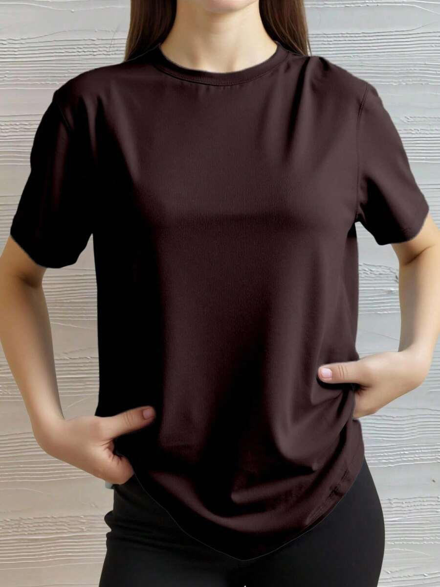 Camiseta basica playera mujer dama cuello redondo manga corta algodón comoda fresca lisa suave - Marrón Chocolate - Ver 1