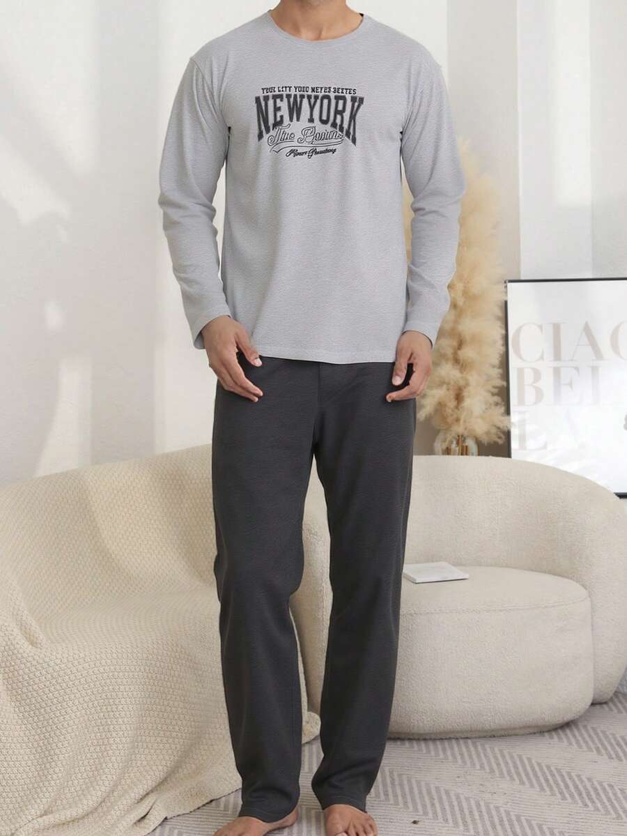 2pcs Men's Sleepwear Set, Round Neck Long Sleeve Letter Print Top, Solid Black/Gray Pants, Casual & Comfortable, Suitable For Autumn/Winter - Multicolor - View 1