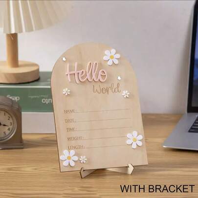 1 placa de anúncio de nascimento de recém-nascido, marco do bebê, decoração de madeira "Olá, Mundo" em buxo