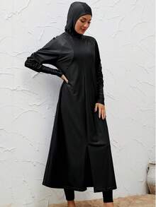 VFJ 女士黑色高弹力布基尼泳衣，圆领长袖，拉链腰带，全包臀设计，优雅款式，搭配高腰紧身裤 - 黑色 - 查看 3