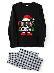 Conjunto de pijama navideño familiar a juego, con estampado de letras, pantalones a cuadros, pijamas navideños, pijamas familiares festivos. - Colores mixtos - Ver 2