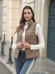 ZIAI 女士立领轻薄短款羽绒背心，多色休闲户外秋冬女式背心 - 卡其色 - 查看 7