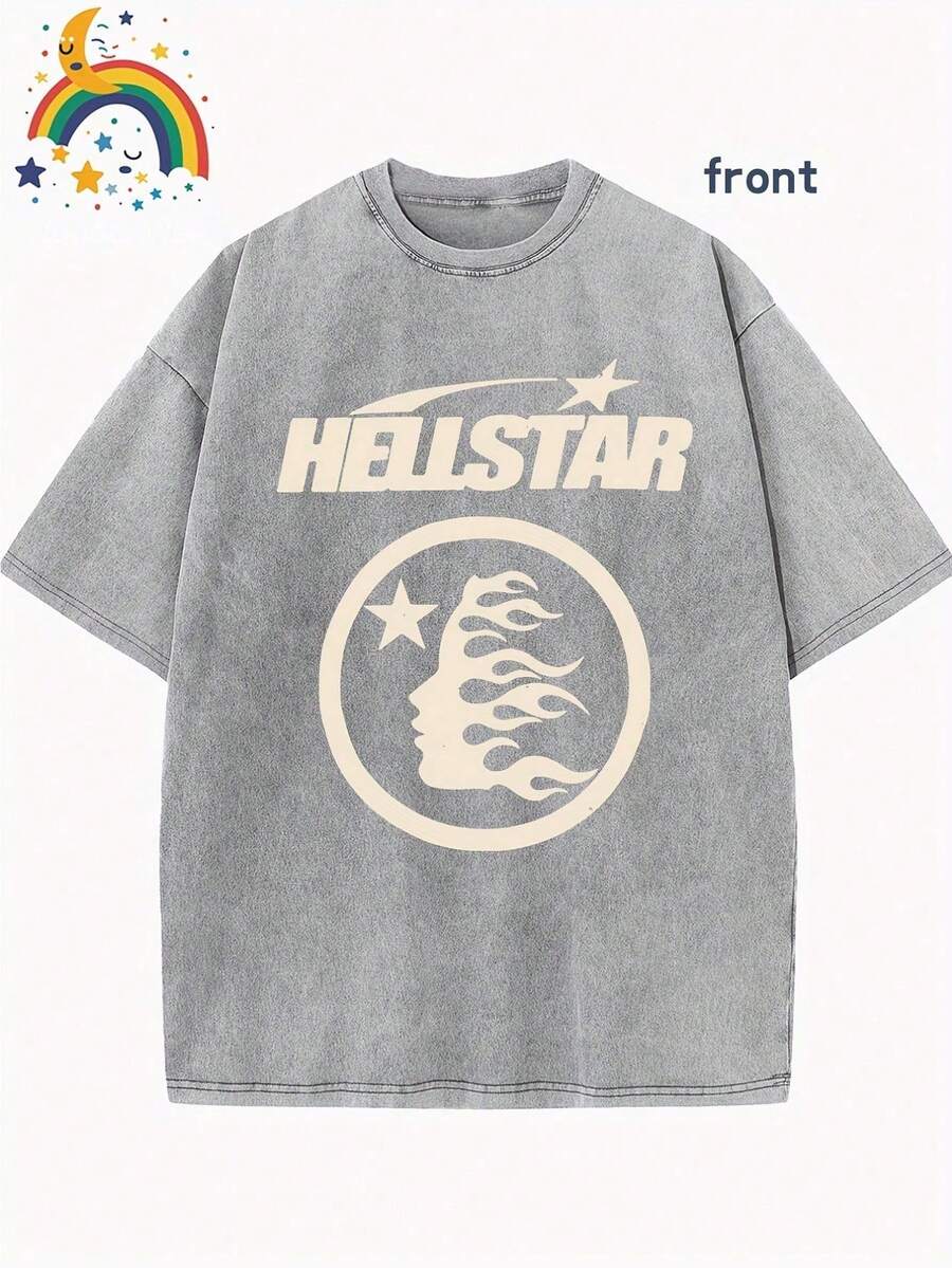 Star Pattern And "" Letter Print Men'S Summer Loose Fit Short Sleeved Washed Vintage 230g Pure Cotton Comfortable Breathable Casual Street Round Neck T-Shirt - Xám - Xem 1