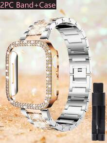 一套，兼容苹果手表表带+表壳，玫瑰金金属表带，镶嵌闪亮钻石，兼容苹果手表38/40/41/42/44/45/46/49毫米，兼容苹果手表Ultra/SE/10/9/8/7/6/5/4/3/2/1，女士表带，智能手表配件 - 玫間銀 - 查看 6