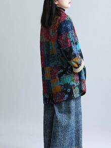 LUZU JUNU Women's Trench Coat Floral Print Long Cotton Linen Jacke Cottagecore Clothing Patchwork Outwear Bohemian Unique - 藍色夾克毛絨襯裡 - 查看 8