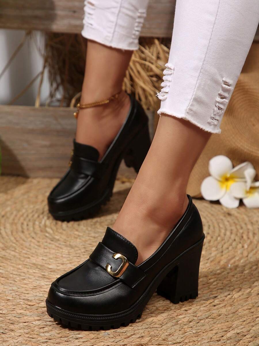 Women's Classic Thick Heel High Heels, Chunky Heel Pumps, Comfortable Work Shoes, Spring/Summer 2025 - 黑色(C扣) - 查看 1