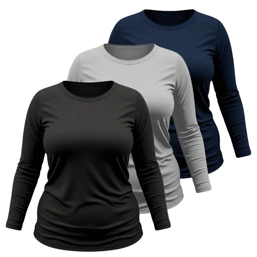 Kit 03 Plus Size T-Shirt Women's Long Sleeve Cotton Round Neck Blouse - Black Gray Blue - View 1