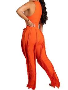 Women 2 Piece Outfits Fringe Tassel Long Pants Set Adjustable Suspenders Bodysuit Strap Clubwear Jumpsuits Solid Color Wave Pattern, V-Neck Suitable For All Seasons, Elegant Backless  Semi Transparent Camisole Straight Leg Pants For Spring And Summer - 橘色 - 查看 4