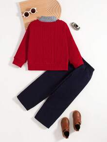 2 件男童休闲刺绣设计常规版型半襟长袖上衣和长裤套装，春秋