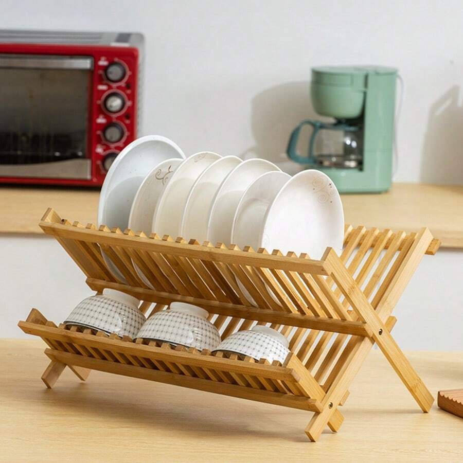 Foldable Bamboo Dish Drainer - Kitchen - Kitchen Utensils - Storage Box For Pots And Pans - Plate Rack, Dish Rack, Cup Drainer, Suitable For Dishes, Plates, Bowls, Cups - Màu gỗ - Xem 1