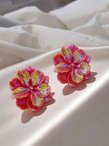 1 对简约百搭夸张山茶花和珍珠耳钉，适合女士 - 白色 - 查看 9