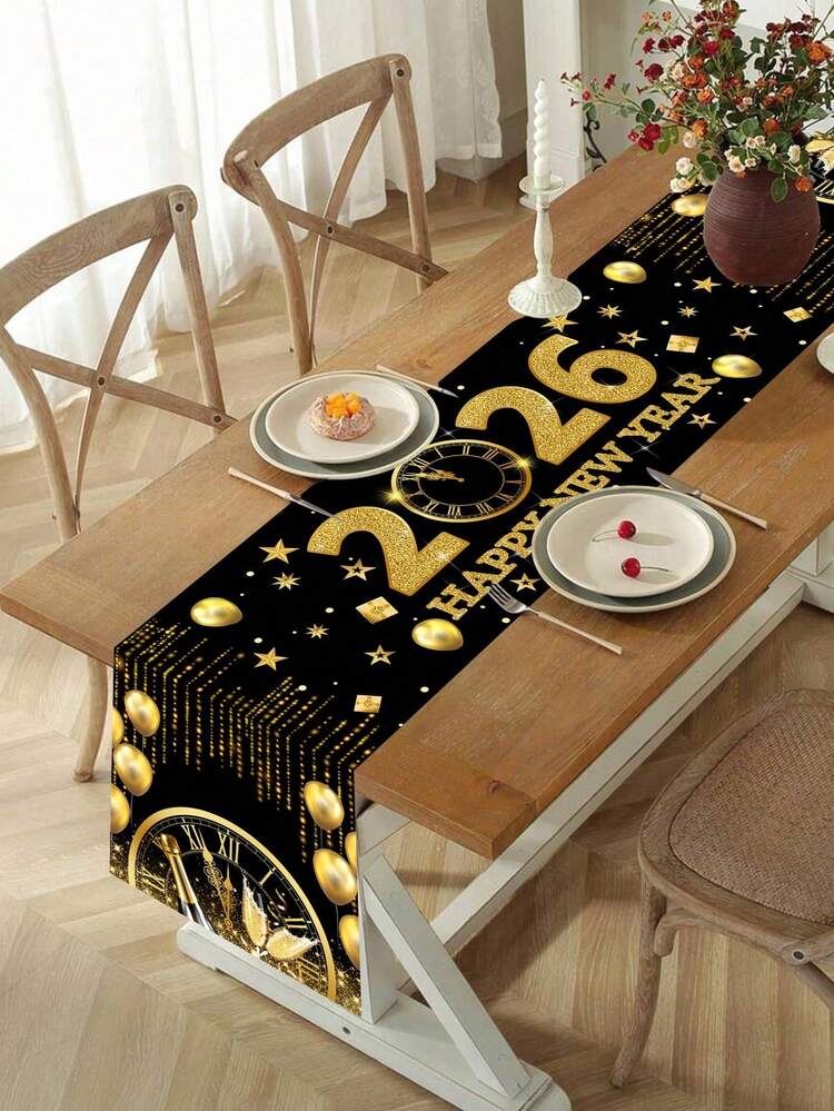 1pc Happy New Year 2026 Table Runner, Black Gold Glitter Diamond Clock Balloon New Year Celebration Kitchen Dining Table Decor, Colorful Fireworks Happy New Year Party Tablecloth Supplies, Indoor Outdoor Home Party Decor, Happy New Year 2026 Decoration - Multicolor - View 7