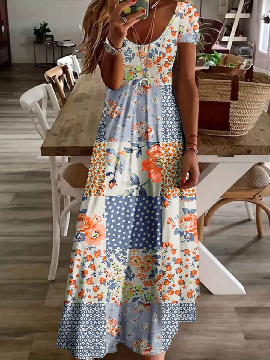Women's Casual Floral & Polka Dot Print V-Neck Maxi Dress - Light Blue With Pink & Red Flowers, Ruffle Hem, Machine Washable, Spring/Summer Style, Vacation Wear V-Neck Maxi Dress, Flowing Fabric - Navy Blue - View 1