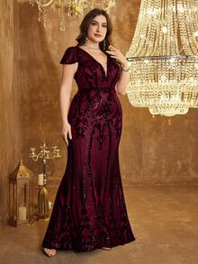 [Random Cut] UNITHORSE Plus Size Women Deep V-Neck Backless Sequin Decor Cocktail Party Dress With Shawl Sleeves Wedding Spring - Burgundy - View 6