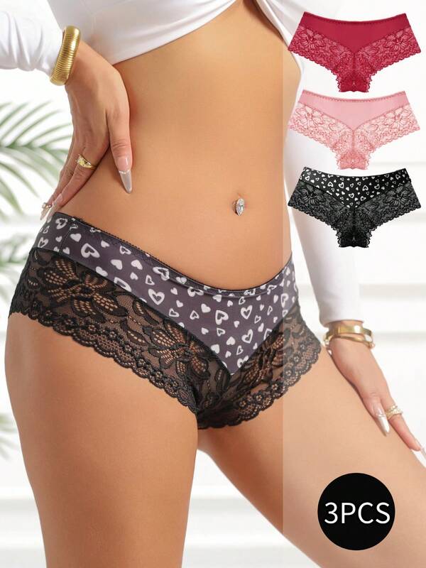 3 Stücke/Pack Damen Spitze Patchwork Herz einfarbige Höschen, modische sexy atmungsaktive nahtlose Unterhosen
