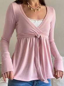 Women Wrap V-Neck Peplum Tops Casual Long Sleeve Tee Shirts Cute Front Twist Tie Knot Shirts Fall Blouses - 粉色 - 查看 1