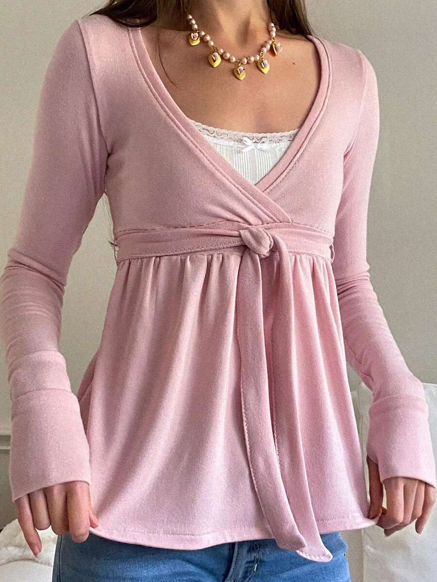 Women Wrap V-Neck Peplum Tops Casual Long Sleeve Tee Shirts Cute Front Twist Tie Knot Shirts Fall Blouses - 粉色 - 查看 1