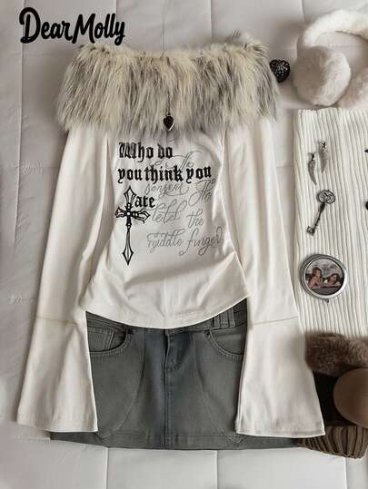 DEAR MOLLY Women's Y2K Faux Fur Layered Letter Print Fashionable Leopard Print Cropped Shoulder Fitted Long Sleeve Top, American Sexy Fitted Waist Apparel