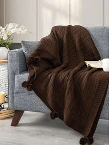 Made In Turkey - Pom-Pom Knitted Throw Blanket – 130x170 Cm Sofa Throw, Shoulder Wrap & TV Blanket - Brown - View 2