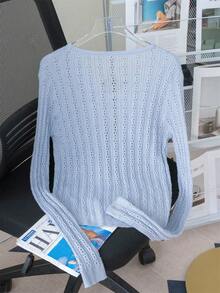秋季蓝色镂空系带针织毛衣女上衣，V领长袖短款开衫 - 藍色 - 查看 8