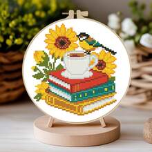 11CT Cross Stitch Kit - Sunflower Bird & Books, Beginner DIY Embroidery Set With Printed Patterns (Autumn House, Cycling Cat), Includes Embroidery Frame, Threads, Instructions, Home Decor, Therapeutic Gift