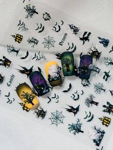 A Halloween Day Of The Dead Nail Sticker With Relief Hand Drawn Design, Dark Gothic Style, Featuring Dark Style Patterns Such As Bats, Spider Webs, Castles, Etc., Suitable For Personal DIY And Nail Salon Use