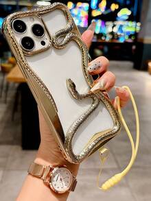 Fashionable New Champagne Electroplated 3D Creative Interesting Hollow Breathable Mini Snake Phone Case With Metal Triangle Pad, Silicone Lanyard, Compatible With Iphone 16 Pro Max/Compatible With Iphone 15/Compatible With Iphone 17 Pro Max - Gold - View 2