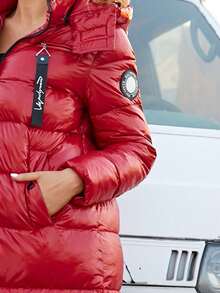 ZIAI Women's Fashionable Red Down Jacket, Long Sleeve With Zipper Pockets, Mid-Length, Stylish Winter Outerwear - Red - View 11