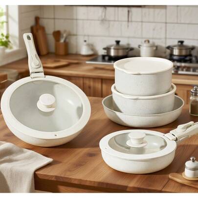 15pcs Pots And Pans Set, Nonstick Kitchen Cookware Set With Removable Handle, Healthy Non Stick RV Cookware Set Detachable Handle