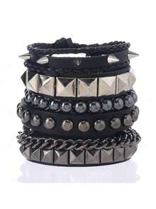 1 件复古朋克哥特风格男士朋克骷髅铆钉手链套装，前卫夸张设计