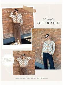 Women's Checkered Button Down Long Sleeve Knit Cropped Cardigan Sweater Tops, Style - Khaki - View 5