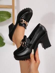 Women's Classic Thick Heel High Heels, Chunky Heel Pumps, Comfortable Work Shoes, Spring/Summer 2025 - 黑色(鏈條) - 查看 2
