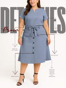 Women's Plus Size Linen Set, Basic Blouse And Midi Skirt, Social Evangelical Fashion, Cargo Pocket With Buttons And Bow - 淺藍色 - 查看 2