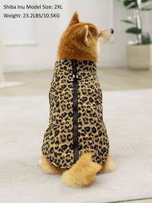 1pc Khaki Leopard Print & Spotted Gourd Pattern Cotton Dog Coat With Back Zipper, Washable Pet Jacket Suitable For Large, Medium And Small Dogs, For Indoor Or Outdoor Wear