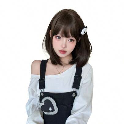 alicegarden 1 合成耐热假发，黑棕色短直发带刘海假发，16 英尺长，由纤维制成，适合日常使用，自然仿真假发