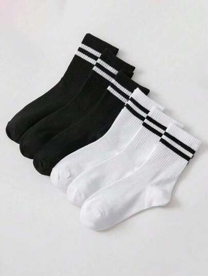 6 Pairs Women's Black & White Solid Color Double Stripe Mid-Calf Socks, Unisex Versatile Breathable Socks For Daily, Outdoor, Casual, Sports - All Season