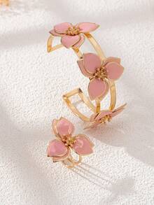 Bộ 2 vòng tay và nhẫn hoa nhiều lớp tinh dầu nhỏ giọt thanh lịch, thích hợp cho phụ nữ đeo khi đi dự tiệc và đi nghỉ - Hồng - Xem 4