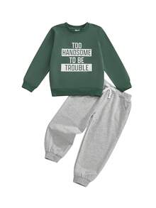 Toddler Baby Boys Fall Set Fashionable Long Sleeve Letters Print Pullover With Solid Color Pants 2 Pcs Outfits - Green - View 10