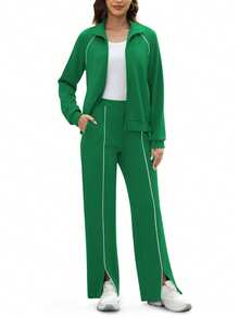 Casly Lamiit Women's 2 Piece Sweat Outfits Casual Lounge Zip Up Sweatshirt Wide Leg Jogging Pants Striped Track Suit Set - 綠色 - 查看 3
