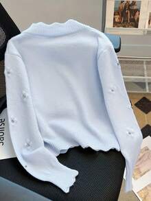 Plus Size Women's Knitted Long-Sleeved Knitted Cardigan With Fan-Shaped Hem And Pearl Button Decoration, Simple And Fashionable Versatile Casual Style, Suitable For Daily Commuting In Autumn And Winter. Cute Sweater - Baby Blue - View 2