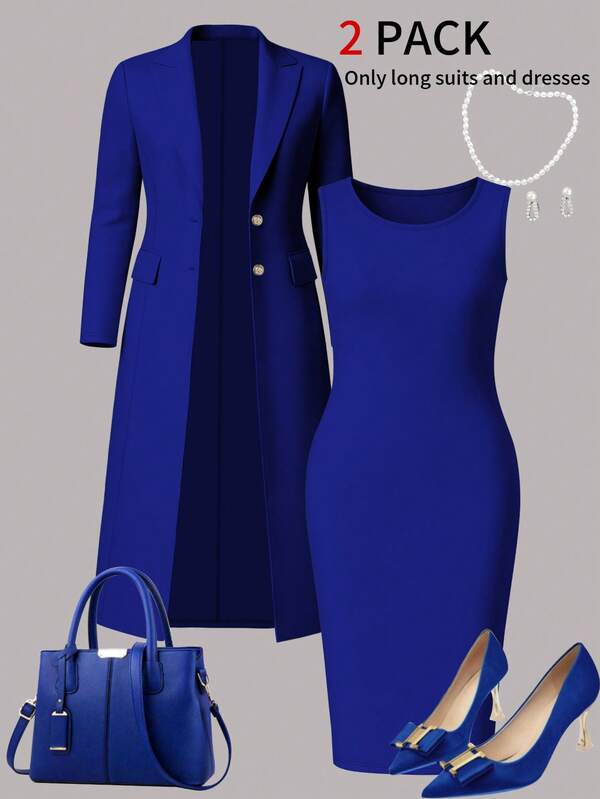 Women's Elegant 2 Pieces Set For Autumn/Winter: Solid Color Long Sleeve Cardigan Jacket + Sleeveless Midi Dress, Fashionable Outfit