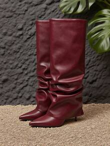 Women's Slouchy Fold Over Knee High Boots Pointed Toe Stiletto High Heel Ruched Boots Fashionable Pleated Autumn&Winter Party Dating Holiday Dress Boots - 酒紅色 - 查看 6