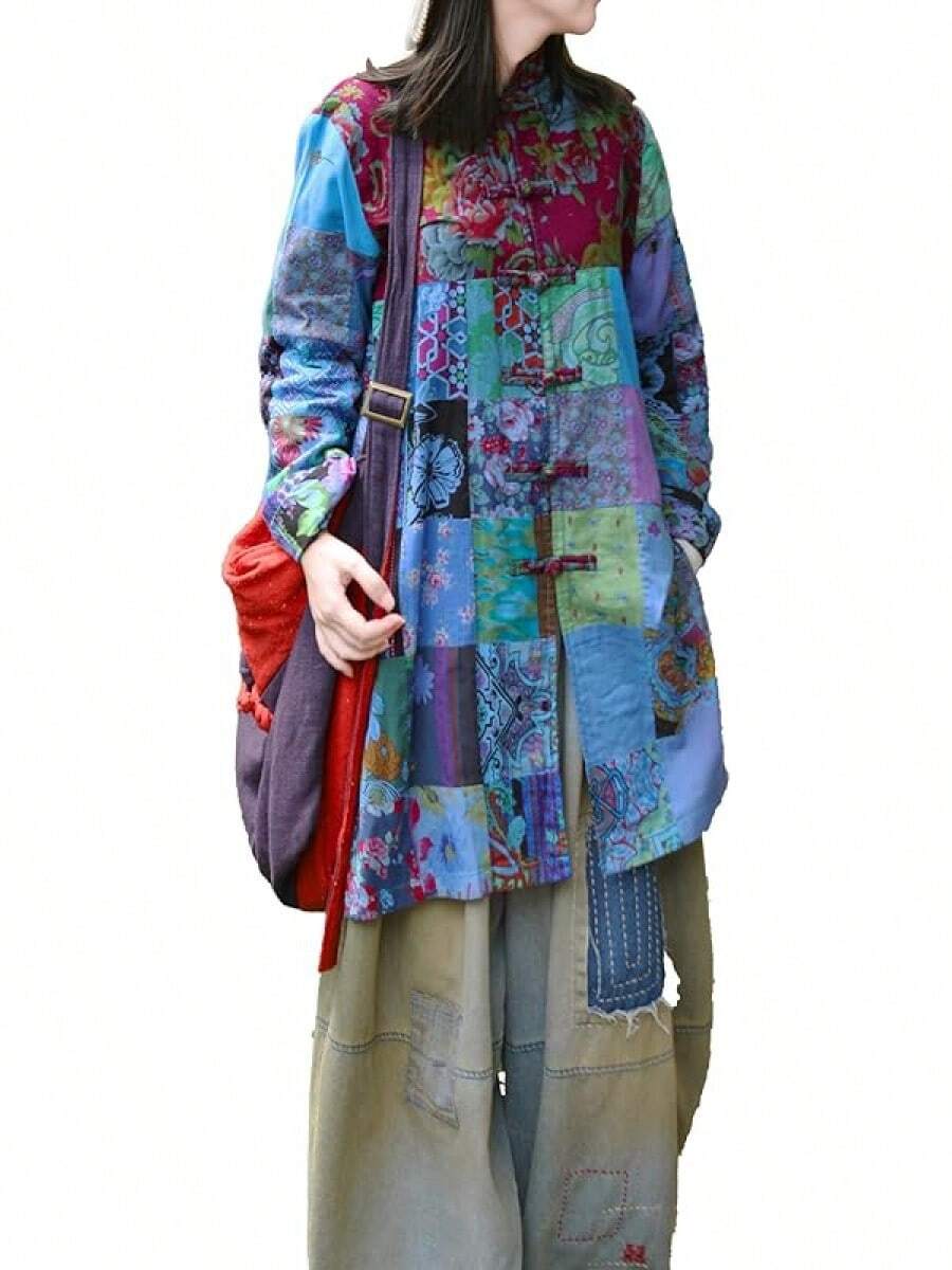 LUZU JUNU Women's Trench Coat Floral Print Long Cotton Linen Jacke Cottagecore Clothing Patchwork Outwear Bohemian Unique - 藍夾克 - 查看 1